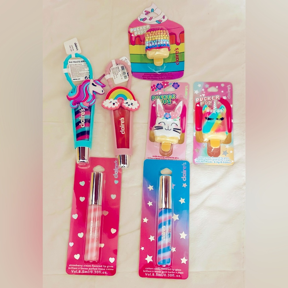 Lot Of 7 Claire’s Mixed Tubes, Loop Through & Key Chain Lip Gloss/Balm NEW